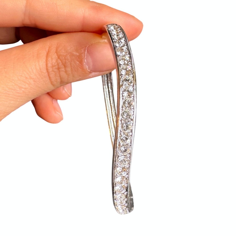 Silver Tone Rhinestone Hinged Bangle Bracelet Wave Design